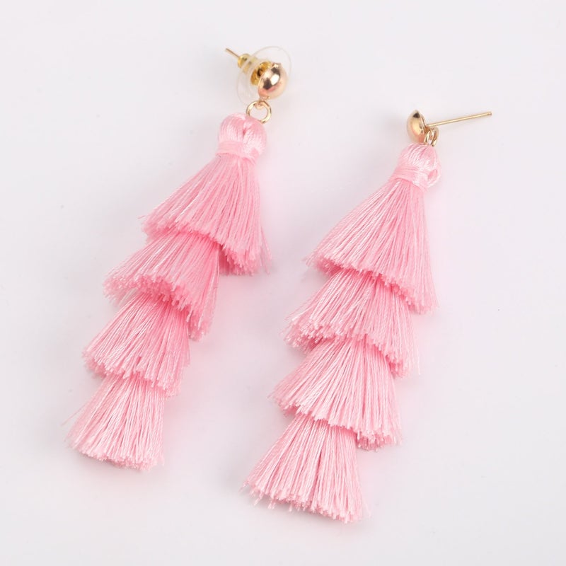 BaubleStar Fashion Tassel Dangle Earrings for Women Layered Long Bonita Tiered Pink Thread Tassel Drop Statement Jewelry - Image 3